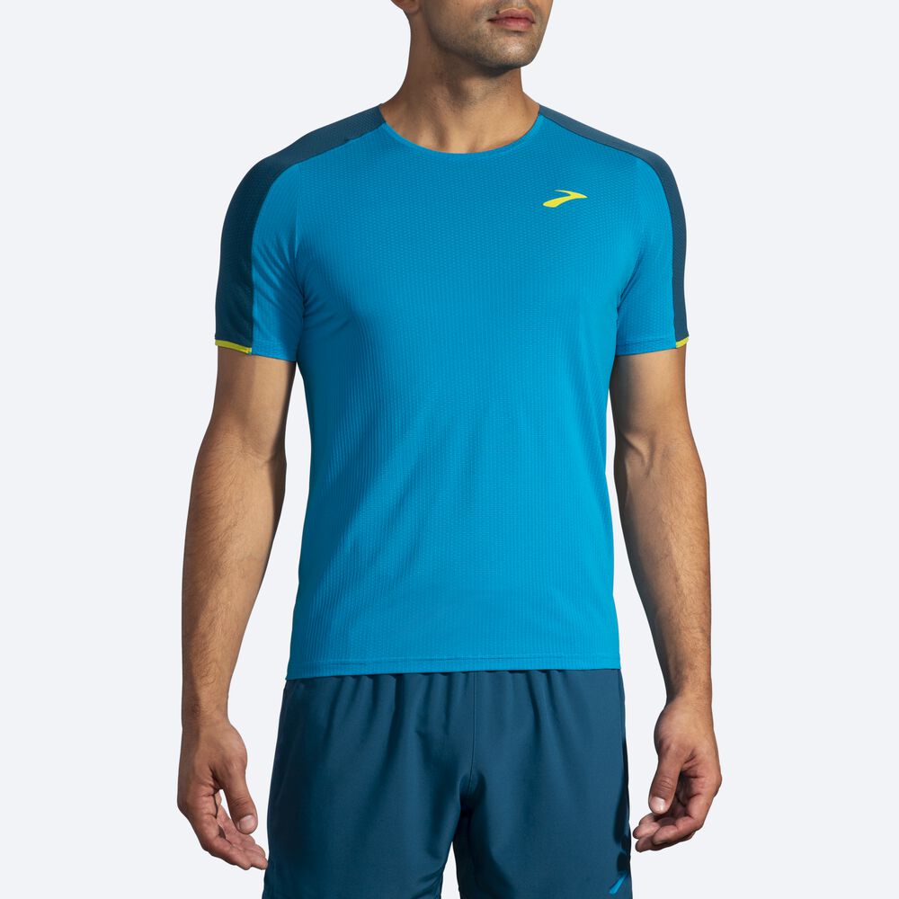 Brooks Atmosphere Short Sleeve μπλουζακια ανδρικα μπλε/βαθυ πρασινο | GR567431