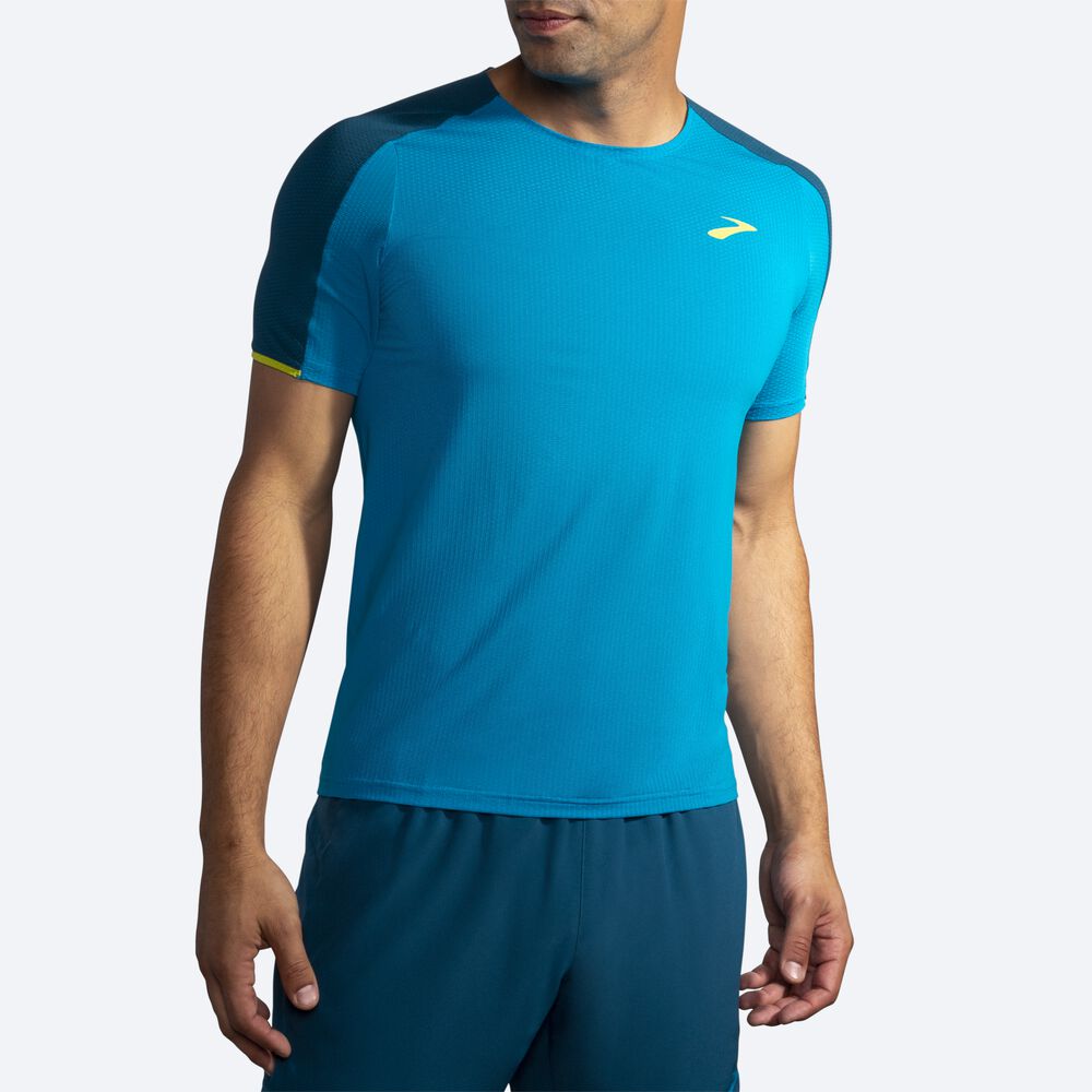 Brooks Atmosphere Short Sleeve μπλουζακια ανδρικα μπλε/βαθυ πρασινο | GR567431