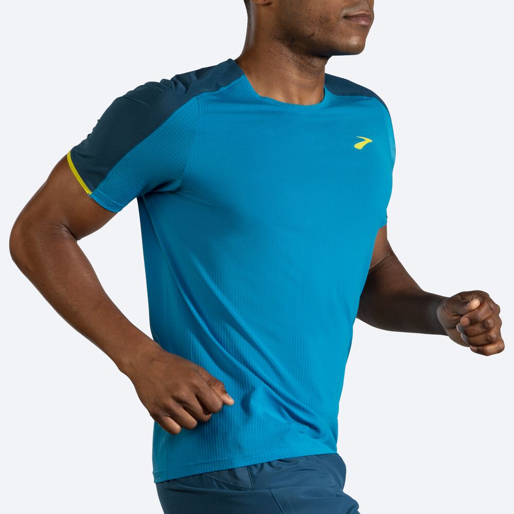 Brooks Atmosphere Short Sleeve μπλουζακια ανδρικα μπλε/βαθυ πρασινο | GR567431