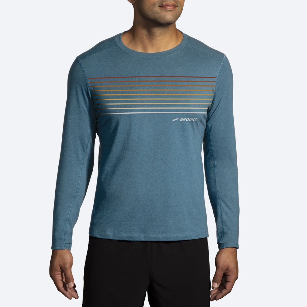 Brooks Distance Long Sleeve 2.0 μπλουζακια ανδρικα μπλε/ριγε | GR167289