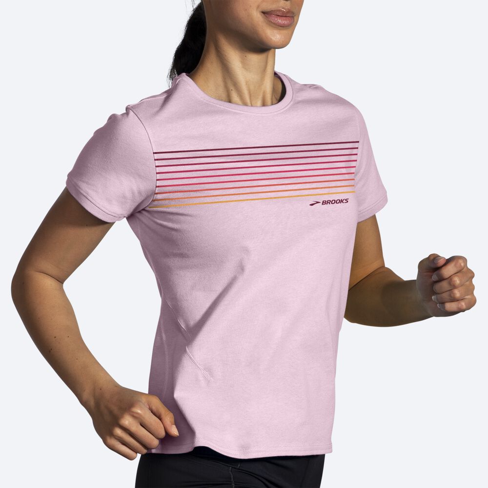 Brooks Distance Short Sleeve 2.0 μπλουζακια γυναικεια ροζ/ριγε | GR497032