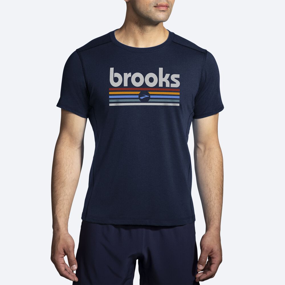 Brooks Distance Short Sleeve 2.0 μπλουζακια ανδρικα σκουρο μπλε/ριγε | GR916457