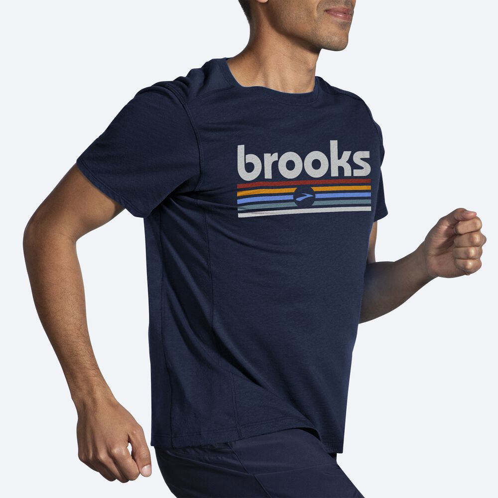 Brooks Distance Short Sleeve 2.0 μπλουζακια ανδρικα σκουρο μπλε/ριγε | GR916457