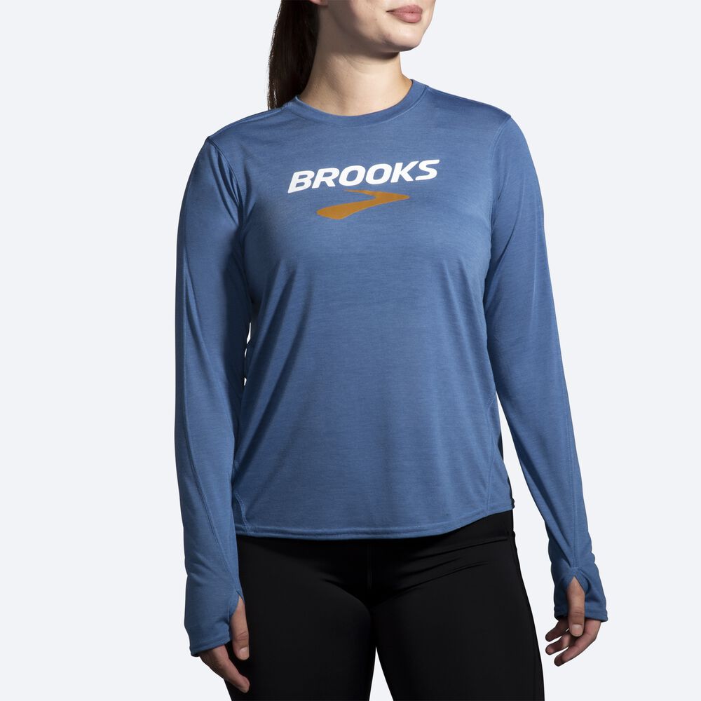 Brooks Distance σταμπεσ Long Sleeve μπλουζακια γυναικεια μπλε γκρι | GR731894