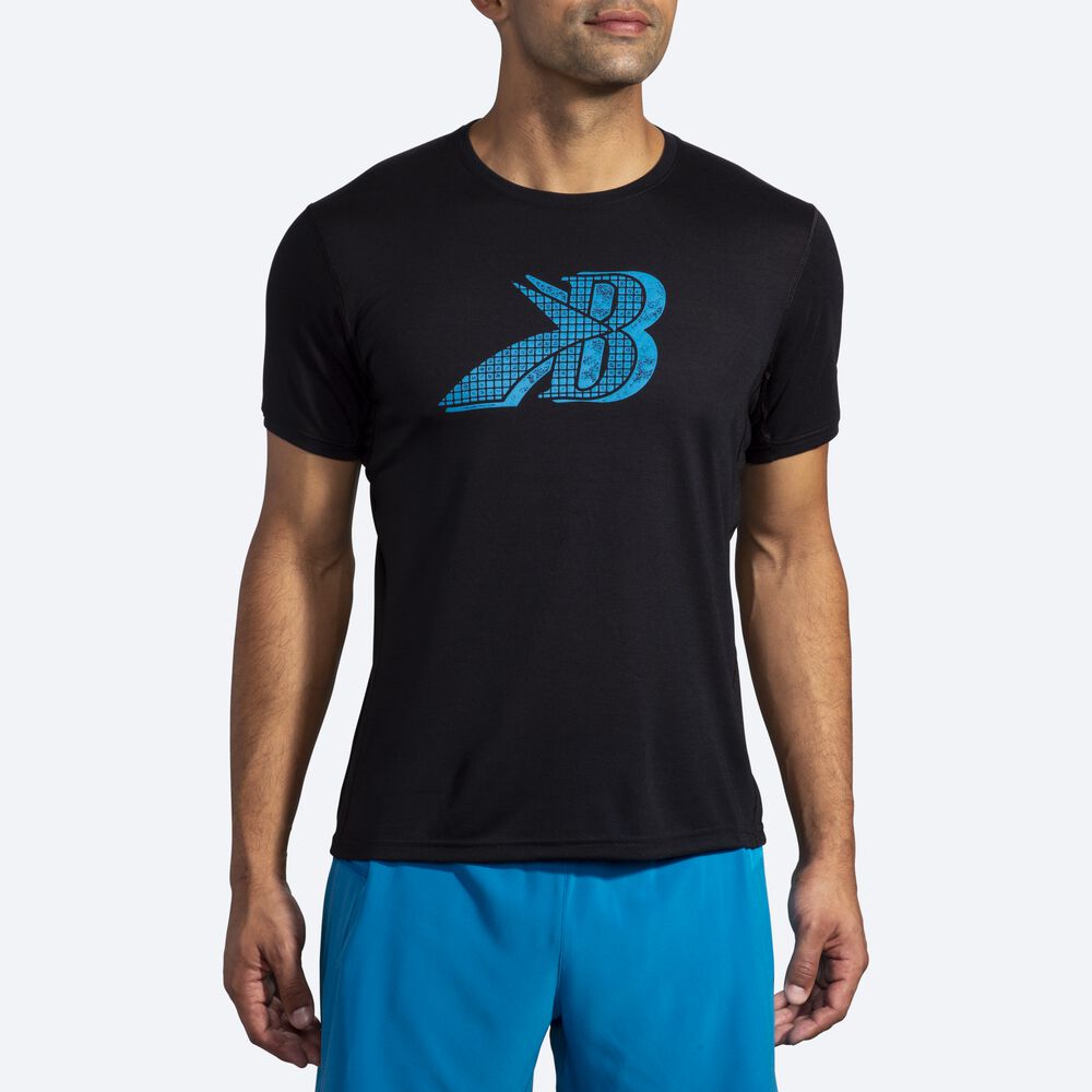 Brooks Distance σταμπεσ Short Sleeve μπλουζακια ανδρικα μαυρα/μπλε | GR320861