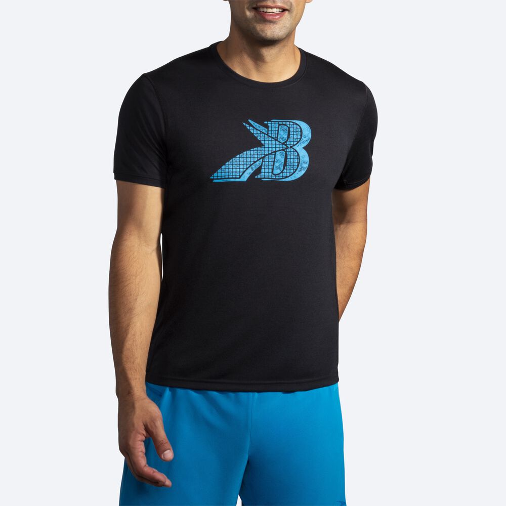 Brooks Distance σταμπεσ Short Sleeve μπλουζακια ανδρικα μαυρα/μπλε | GR320861