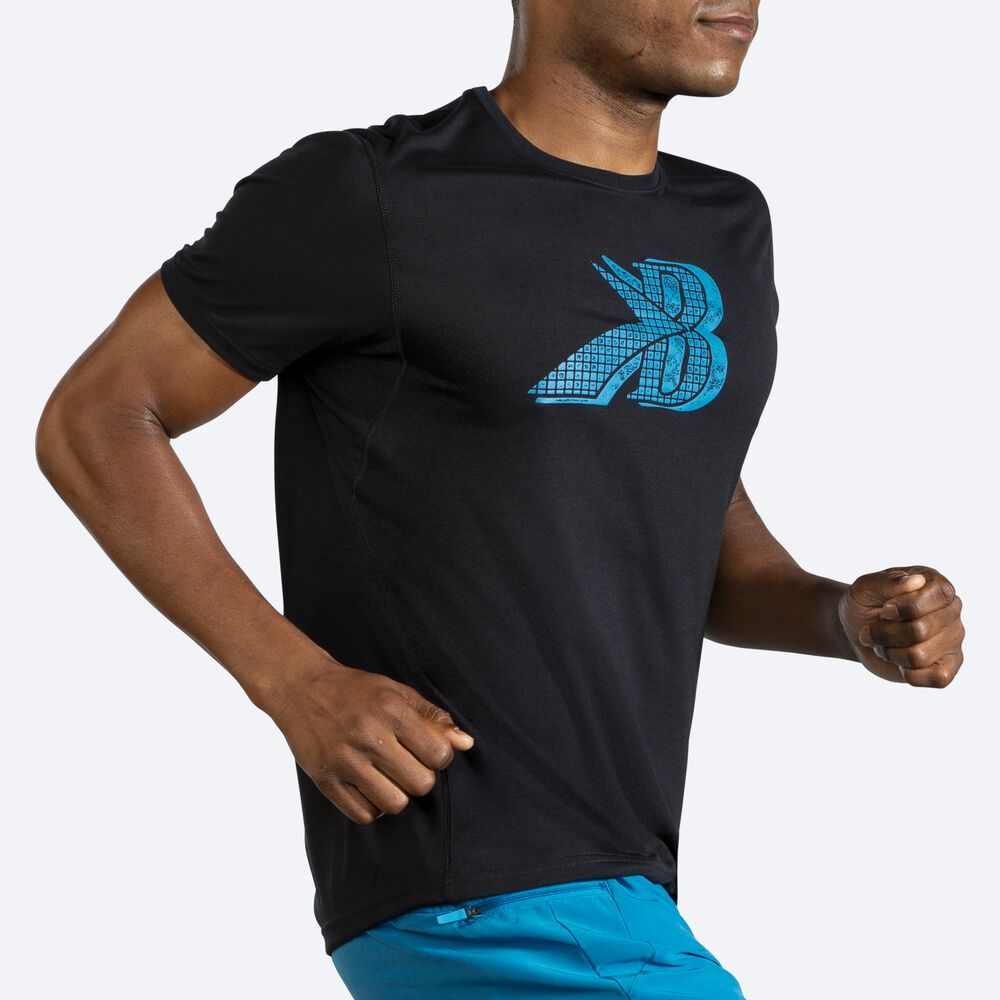 Brooks Distance σταμπεσ Short Sleeve μπλουζακια ανδρικα μαυρα/μπλε | GR320861