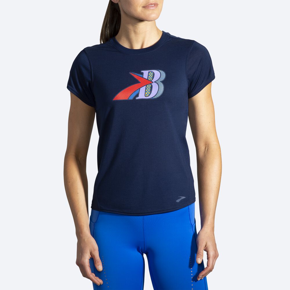 Brooks Distance σταμπεσ Short Sleeve μπλουζακια γυναικεια σκουρο μπλε | GR523896