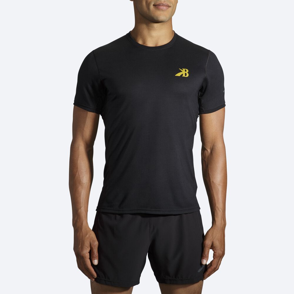 Brooks Distance σταμπεσ Short Sleeve μπλουζακια ανδρικα μαυρα/χρυσο χρωμα | GR764210