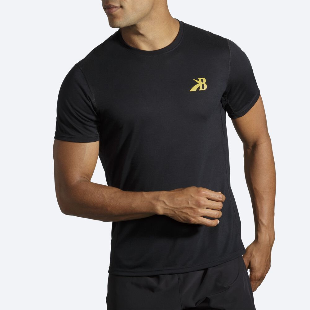 Brooks Distance σταμπεσ Short Sleeve μπλουζακια ανδρικα μαυρα/χρυσο χρωμα | GR764210