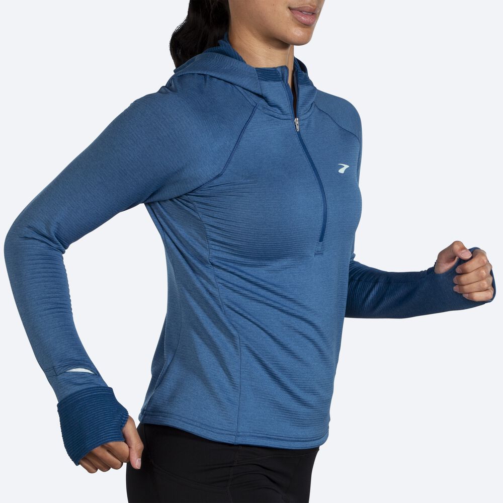 Brooks Notch Thermal 2.0 φουτερ με κουκουλα γυναικεια μπλε γκρι | GR409851