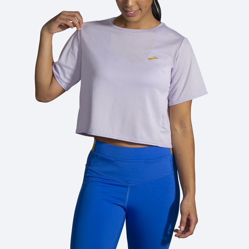 Brooks Run Within Crop Tee μπλουζακια γυναικεια μωβ γκρι ριγε | GR479561